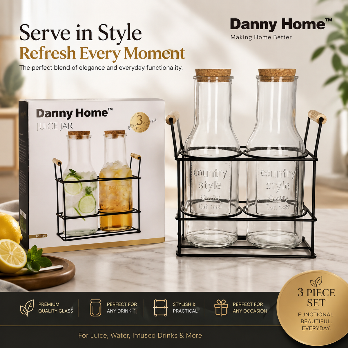 3Pcs Glass Juice Jar Set