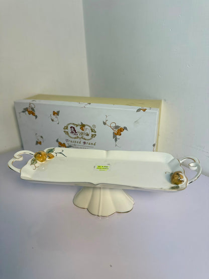 Angela Royal Floral Gold Accent Ceramic Pedestal Tray