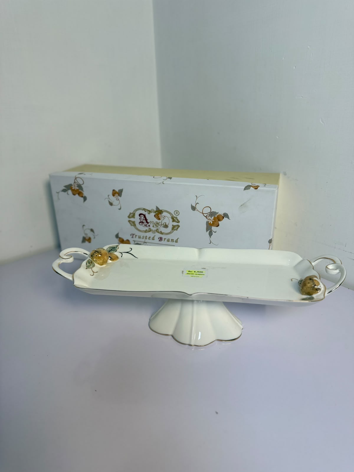 Angela Royal Floral Gold Accent Ceramic Pedestal Tray