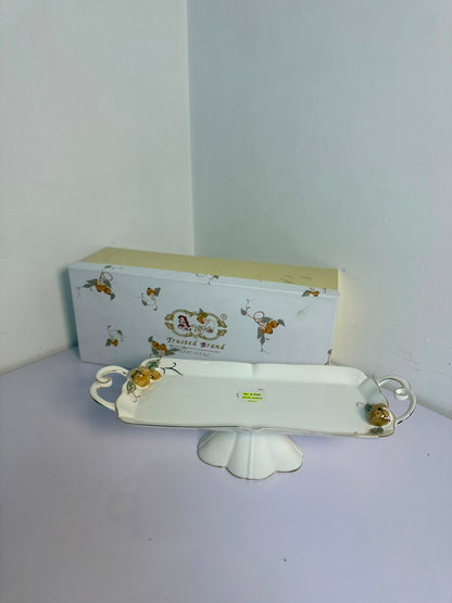 Angela Royal Floral Gold Accent Ceramic Pedestal Tray