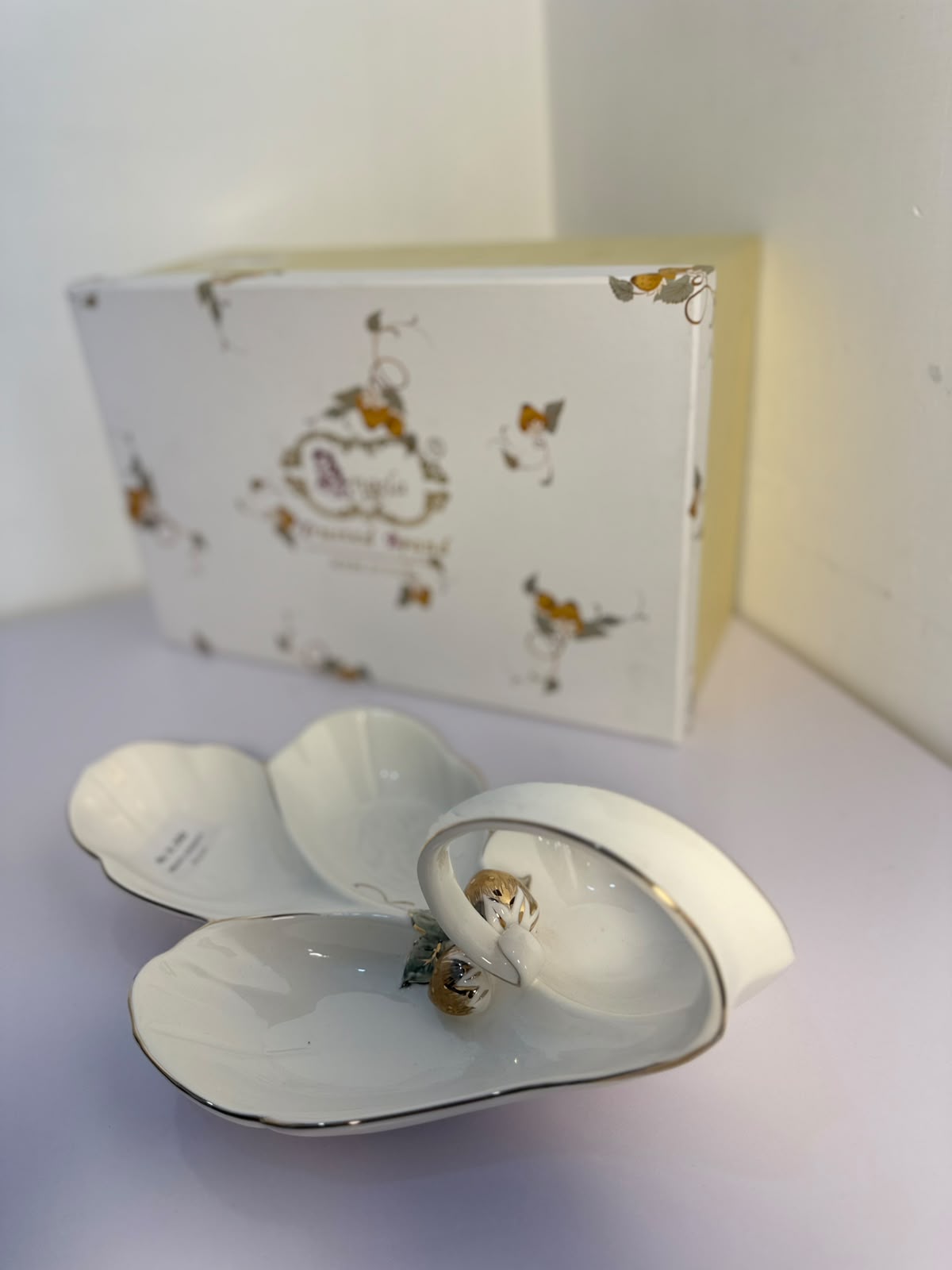 Angela Elegant Floral Gold Handle Ceramic Snack Serving Dish