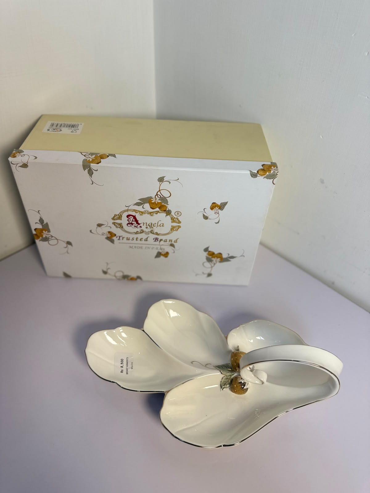 Angela Elegant Floral Gold Handle Ceramic Snack Serving Dish
