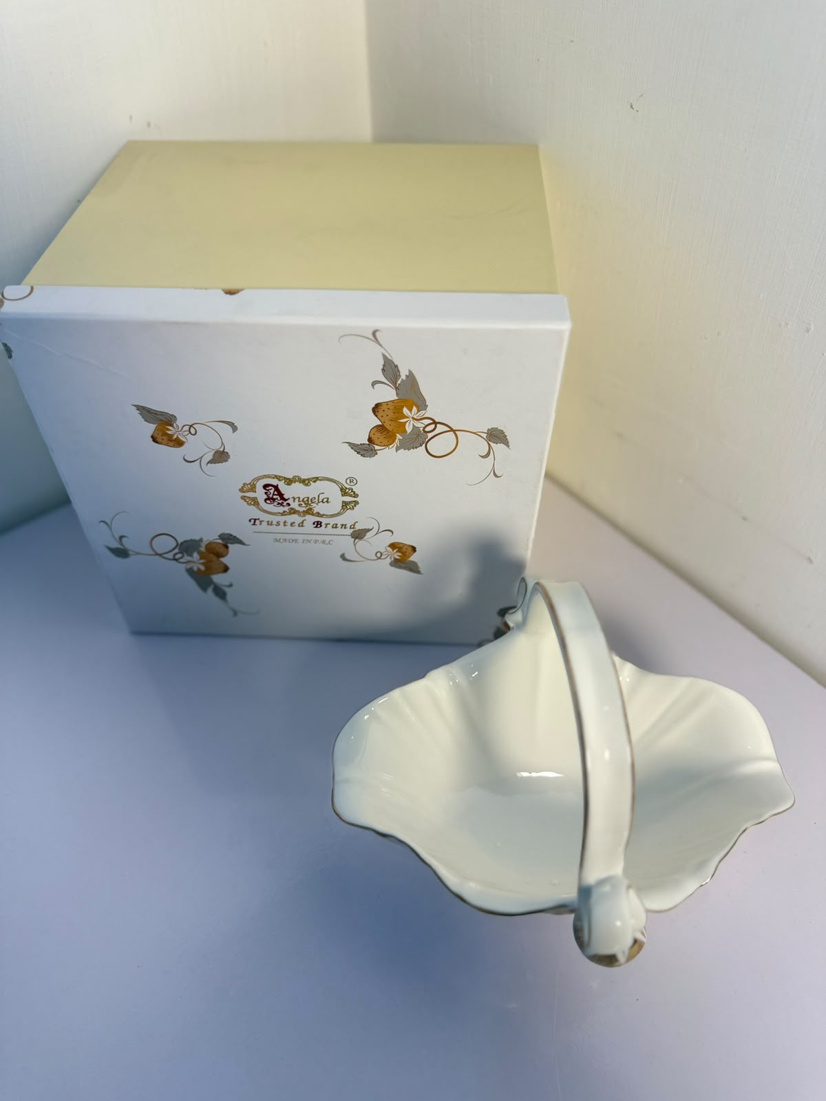 Angela Elegant Floral Gold Accent Ceramic Candy Basket – 8 Inch