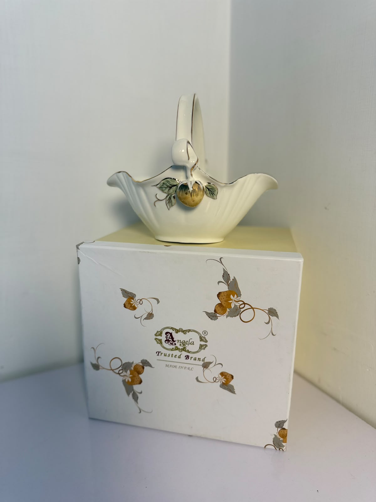 Angela Elegant Floral Gold Accent Ceramic Candy Basket – 8 Inch